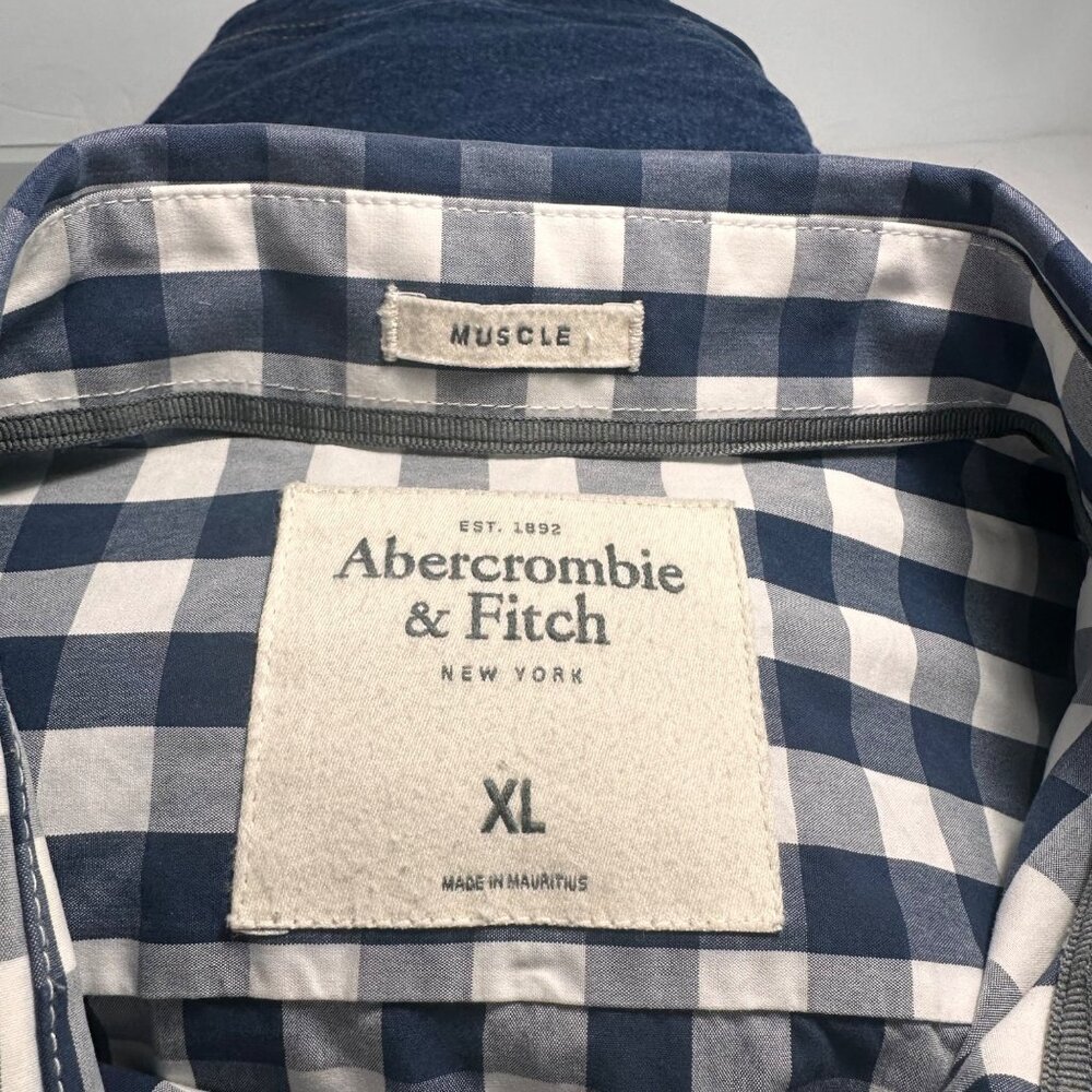 Abercrombie & Fitch Blue White Gingham Long Sleeve Muscle Fit Button-Up Shirt XL - Picture 4 of 11